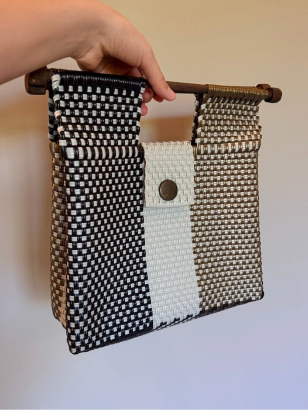 Woven Striped Clutch Bag Wood Handle Black Gold